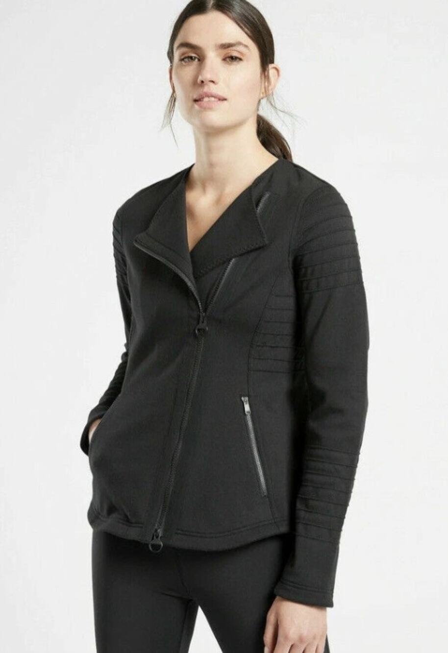 ATHLETA black seam detail cotton blend long sleeve stretch moto athletic jacket